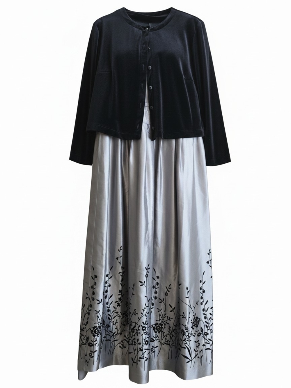 Elegant 2 Pc Black Velvet Jacket and Silver Floral Maxi Dress Size 18